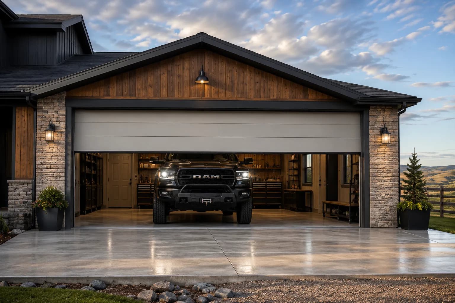 Luxury home garage with truck, dusk